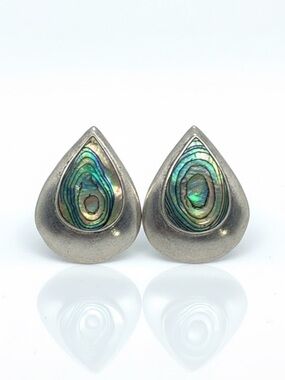 Vintage Modernist Sterling Silver Teardrop Abalone Shell Stud Earrings 7.73g